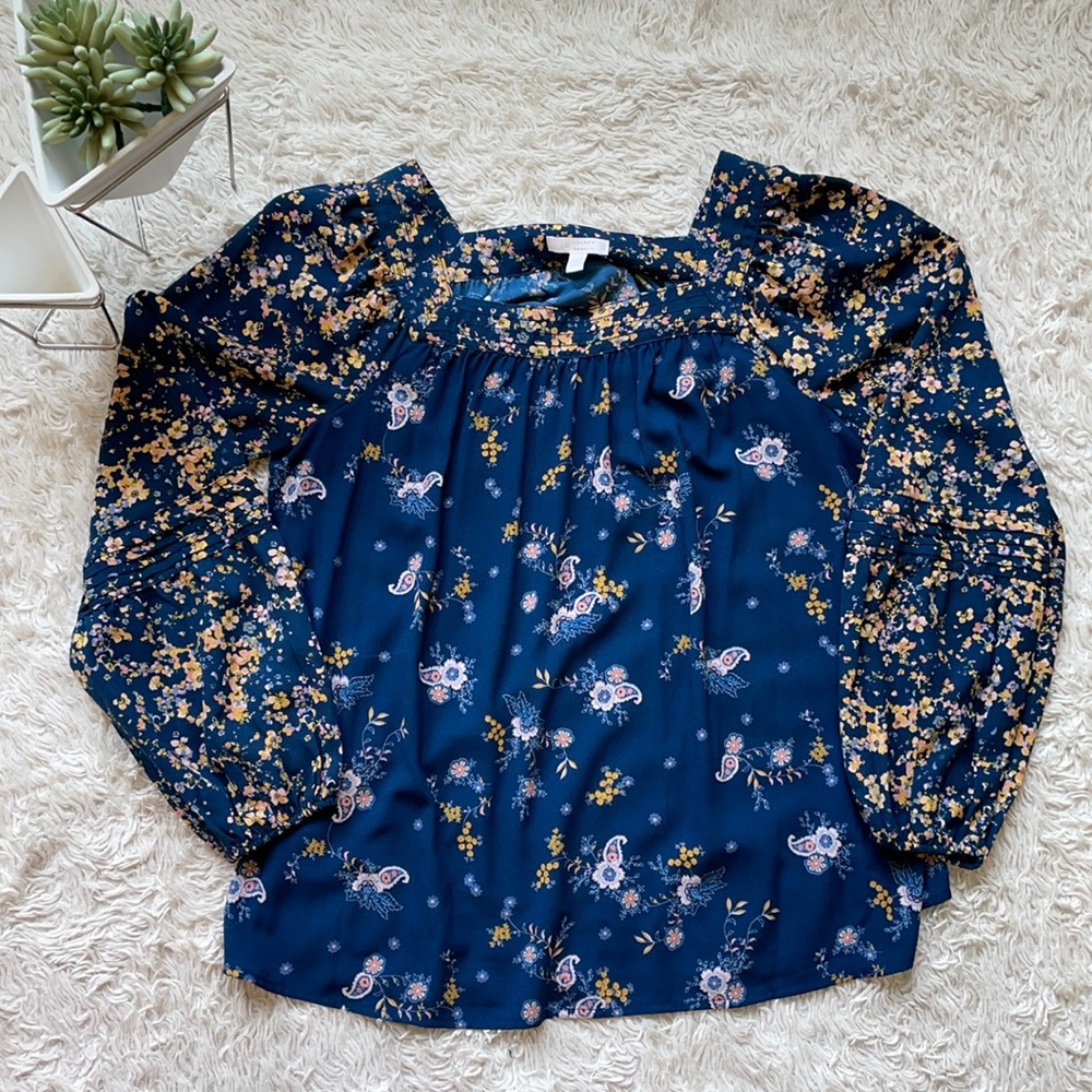 Lauren Conrad Navy Floral Boho Blouse